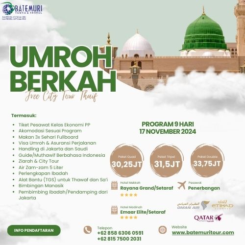 Paket Umrah Berkah Free City Tour Thaif, DST, Paket 9 Hari, Keberangkatan 17 November 2024