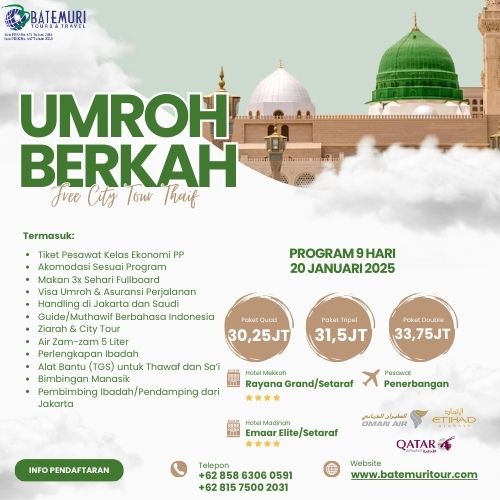 Paket Umrah Berkah Free City Tour Thaif, DST, Paket 9 Hari, Keberangkatan 20 Januari 2025