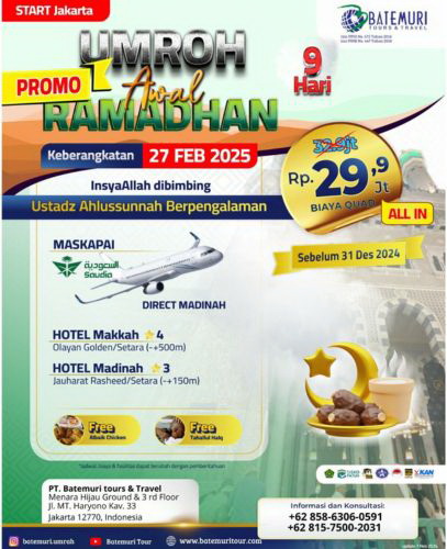 Paket Umrah Promo Awal Ramadhan, KUT,, Paket 9 Hari, Keberangkatan 27 Februari 2025